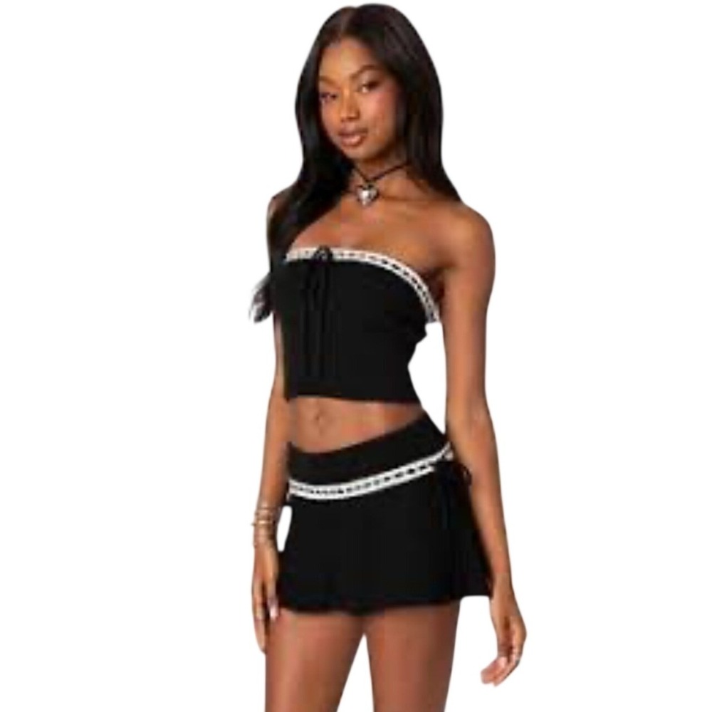 Edikted Khloe Black Ribbed Knit Lace Trim Tube Top and Mini Skirt Set Size M NEW